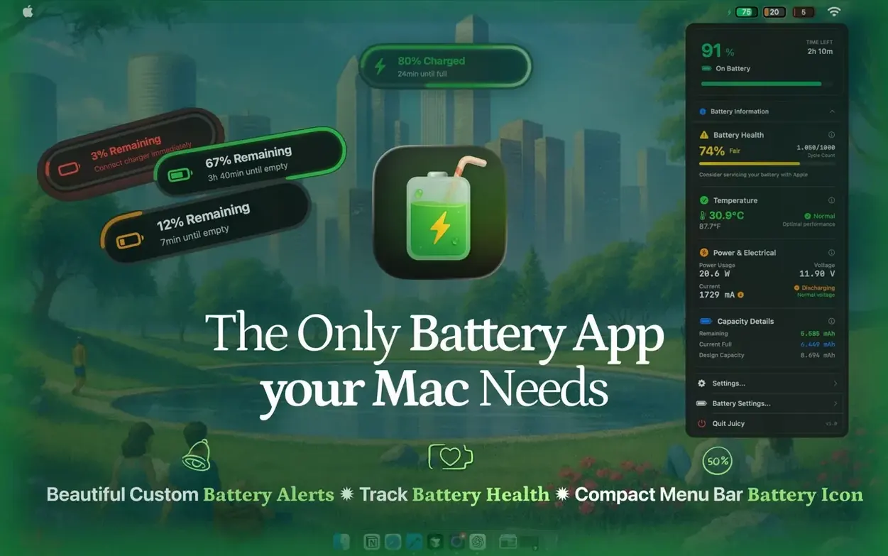 Juicy: Battery Alerts & Health walkthrough 1 juicy battery alerts & health for mac free download: the interface