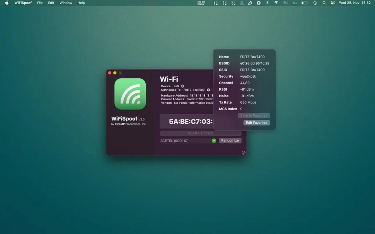 WiFiSpoof — example 2 WiFiSpoof macOS window 2